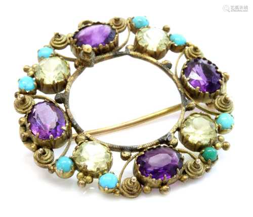 A Regency gold amethyst, chrysolite and turquoise cannetille...