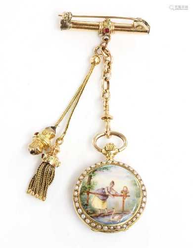 A Swiss gold enamel and split pearl mechanical fob watch,