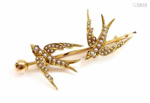 A gold and split pearl swallow brooch, c.1900,