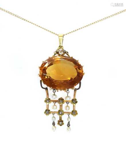 A Continental citrine, pearl and diamond pendant, c.1880,