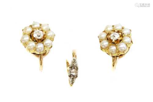 A pair of diamond and split pearl cluster earrings, c.1900,