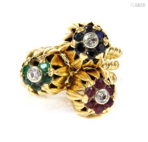 A set of three diamond and gem set stacking rings, c.1950,