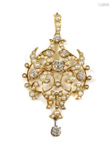 A late Victorian diamond and split pearl cartouche shaped br...