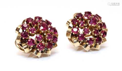 A pair of gold ruby cluster earrings, c.1945-1955,