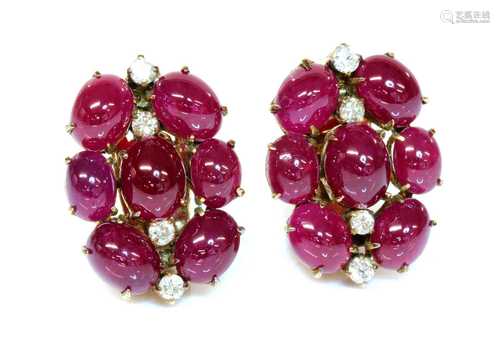 A pair of cabochon ruby and diamond earrings, c.1945,