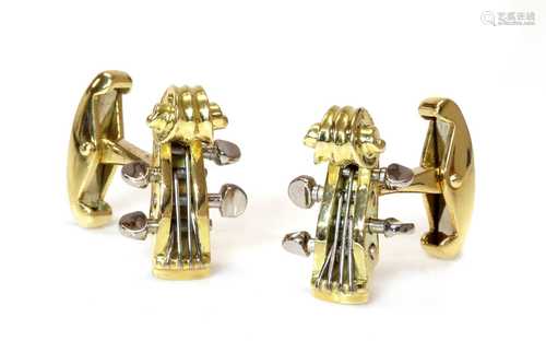 A pair of 18ct yellow and white gold violin scroll cufflinks...