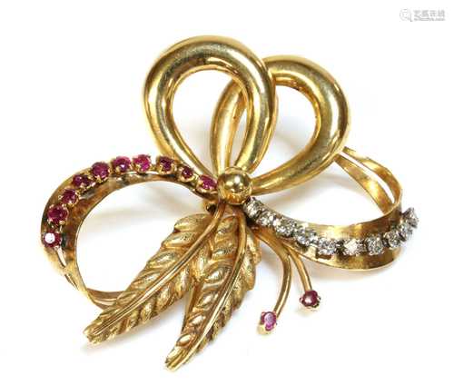 An Italian gold ruby and diamond bow spray brooch, c.1950,