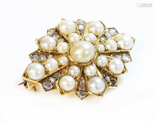 A Victorian gold split pearl and diamond star brooch or moti...