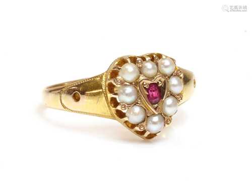 A 15ct gold Victorian ruby and split pearl heart shaped clus...