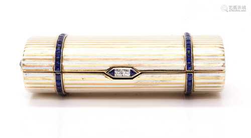 A gold sapphire, diamond and enamel cigarette case,