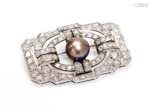 A French Art Deco natural saltwater pearl diamond plaque bro...