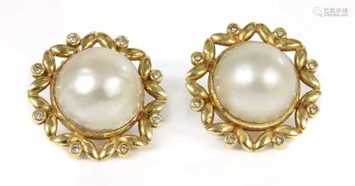 A pair of 18ct gold cultured mabé pearl and diamond earrings...