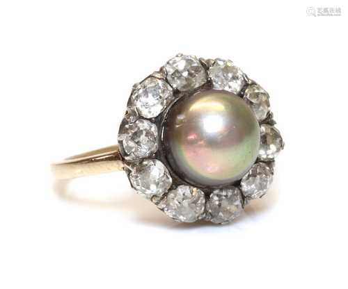 A Continental natural saltwater pearl and diamond cluster ri...