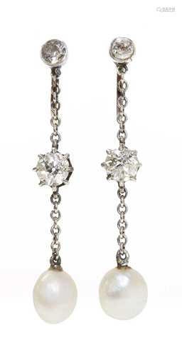 A pair of Edwardian pearl and diamond drop earrings,