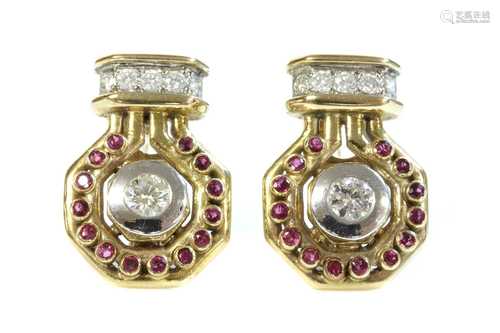 A pair of 9ct gold diamond and ruby earrings,