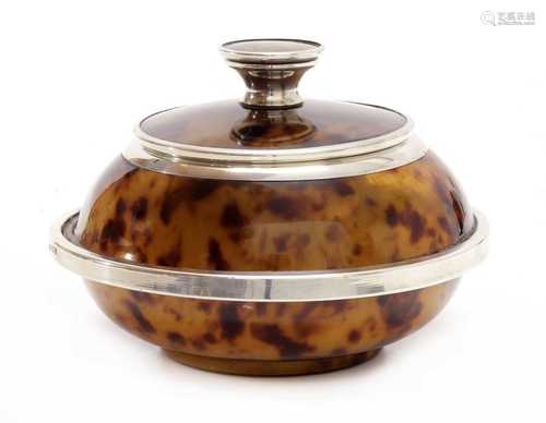 A sterling silver mounted imitation tortoiseshell powder pot...