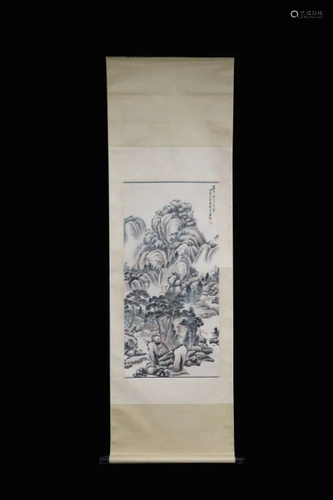 Chinese Ink Color Scroll Painting w Calligraphy