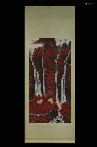 Chinese Ink Color Scroll Painting w Calligraphy