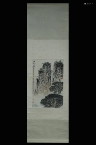 Chinese Ink Color Scroll Painting w Calligraphy