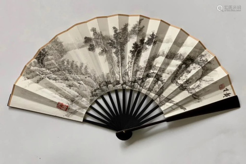 Chinese Ink Landscape Fan Painting