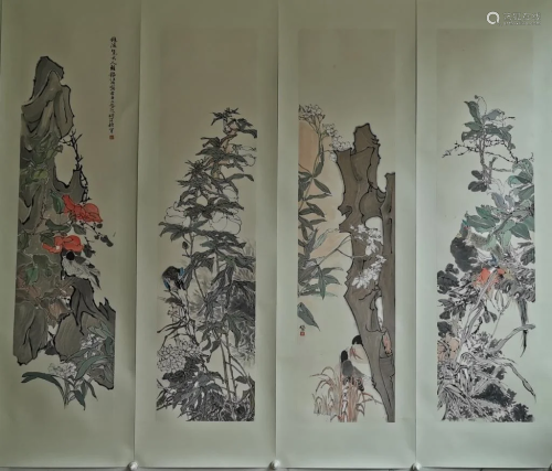 Four Chinese Ink Color Painting w Calligraphy