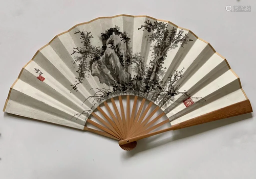 Chinese Ink Landscape Fan Painting