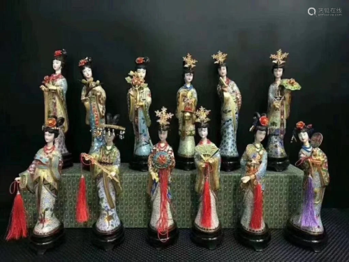 12 Chinese Cloisonne Figurines Set