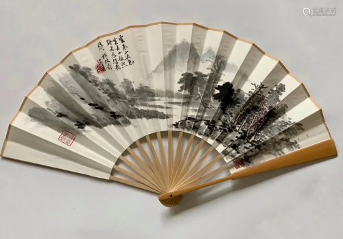 Chinese Ink Landscape Fan Painting