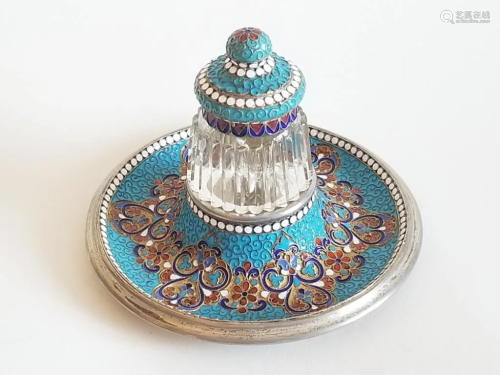 19C Russian Gilt Silver Enamel Crystal Inkwell