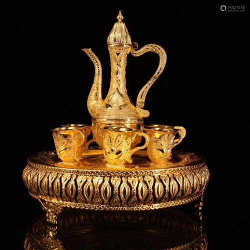 Chinese Gold Plated Wine Ewer&Cups Set