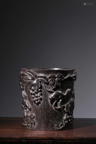 Chinese Zitan Wood Carved Brushpot