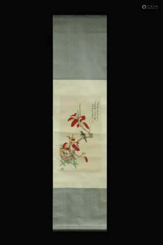 Chinese Ink Color Scroll Painting w Calligraphy