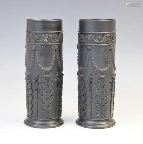 A pair of Wedgwood black basalt cylinder vases, early 20th c...