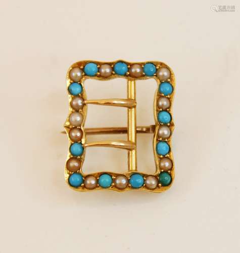 An Edwardian 15ct gold turquoise and pearl buckle brooch, of...