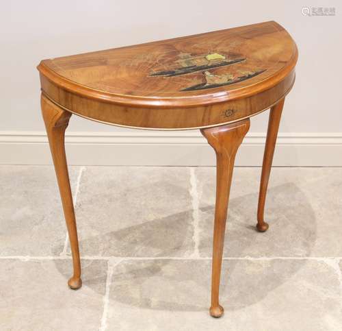 An early 20th century Japanned walnut demi lune hall table, ...