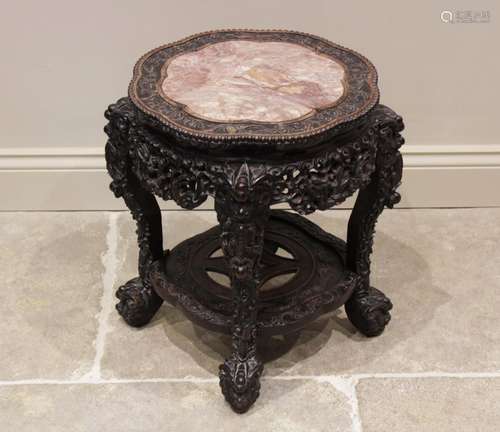 An early 20th century huanghuali and rouge marble urn stand,...