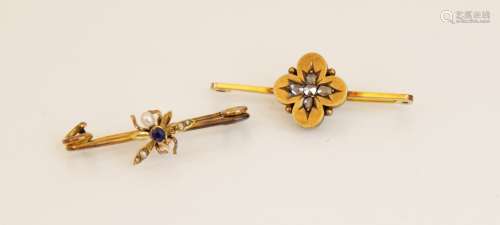 A sapphire and pearl insect bar brooch, the yellow gold body...