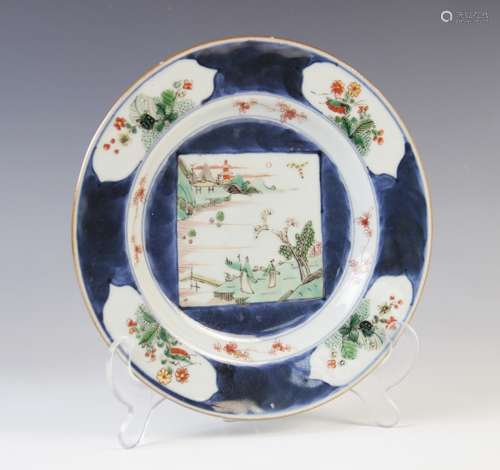 A Chinese porcelain famille verte and powder blue plate, Kan...