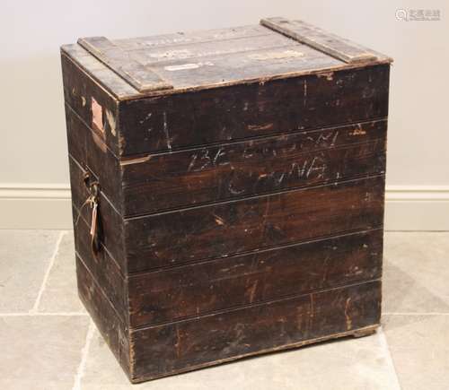 An early 20th century stained pine slatted trunk, applied wi...