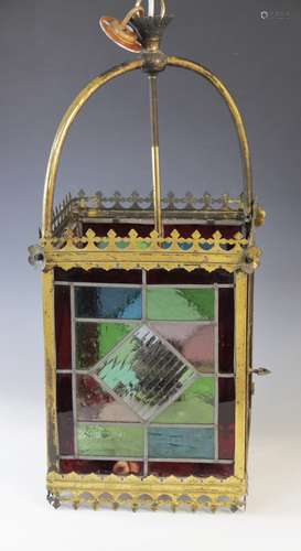 A Victorian stained and leaded glass pendant lantern, the fo...