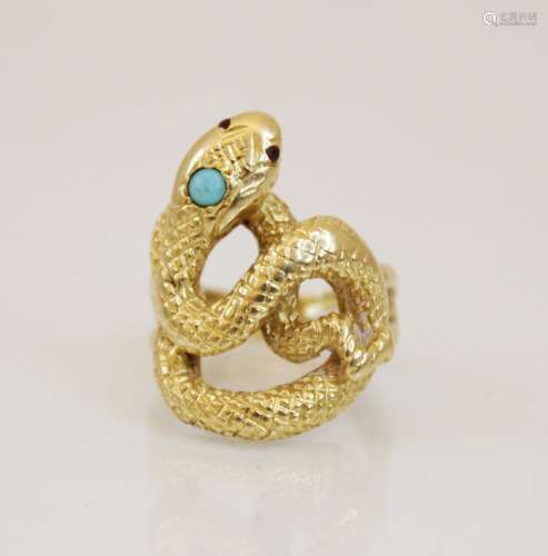 A continental 18ct gold turquoise and ruby set snake ring, t...