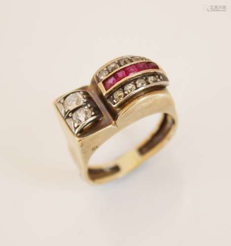 An Art Deco 'Odeonesque' diamond and ruby ring, the stylized...