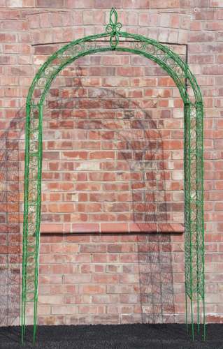 A painted metal wire work garden arch, the scrolling and lat...