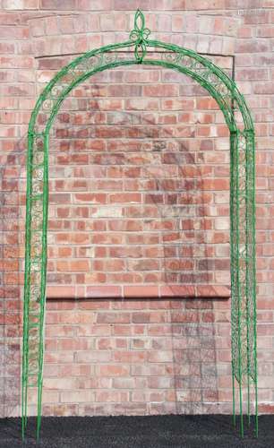 A painted metal wire work garden arch, the scrolling and lat...