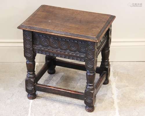 A 17th century style oak joint stool, early 20th century, th...