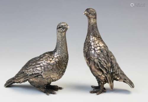 A pair of Patrick Mavros silver grouse, each modelled in a s...
