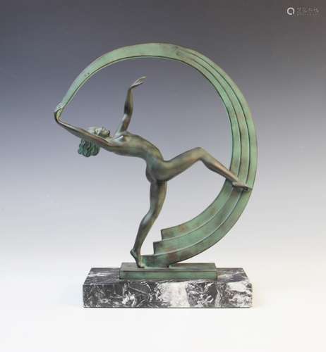 After Max Le Verrier (1891-1973), a bronze Verdigris danseus...