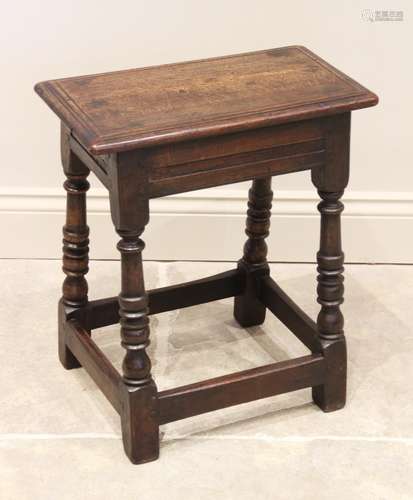 A 17th century style oak joint stool, late 19th century, the...