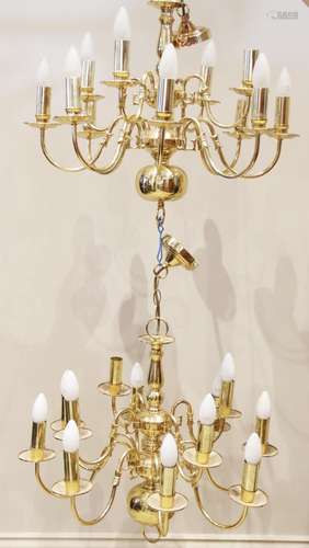 A pair of Dutch style twelve branch gilt metal chandeliers, ...