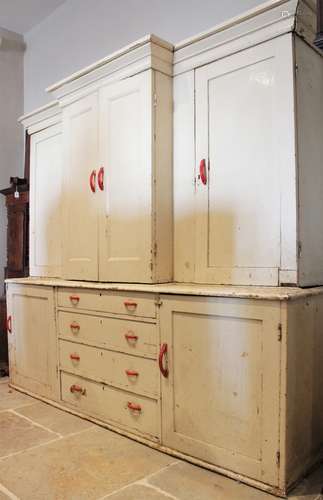 A 19th century painted pine breakfront housekeepers cupboard...